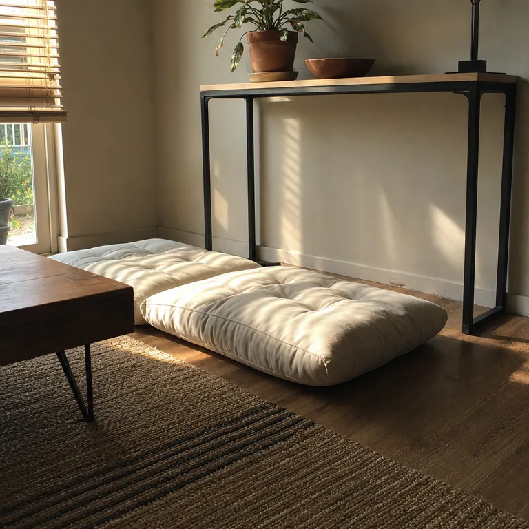 Two flat floor cushions pulled from under a console table for casual extra seating.