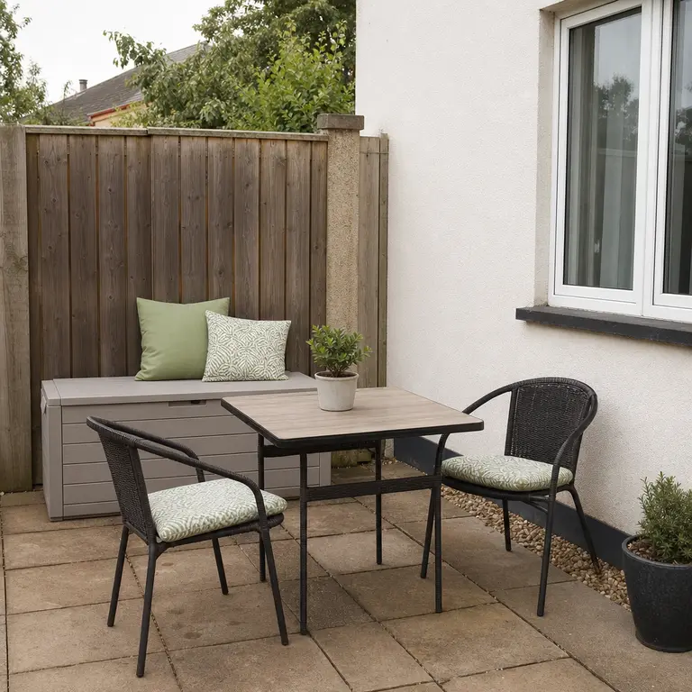 A storage bench provides seating at a small square patio dining table.