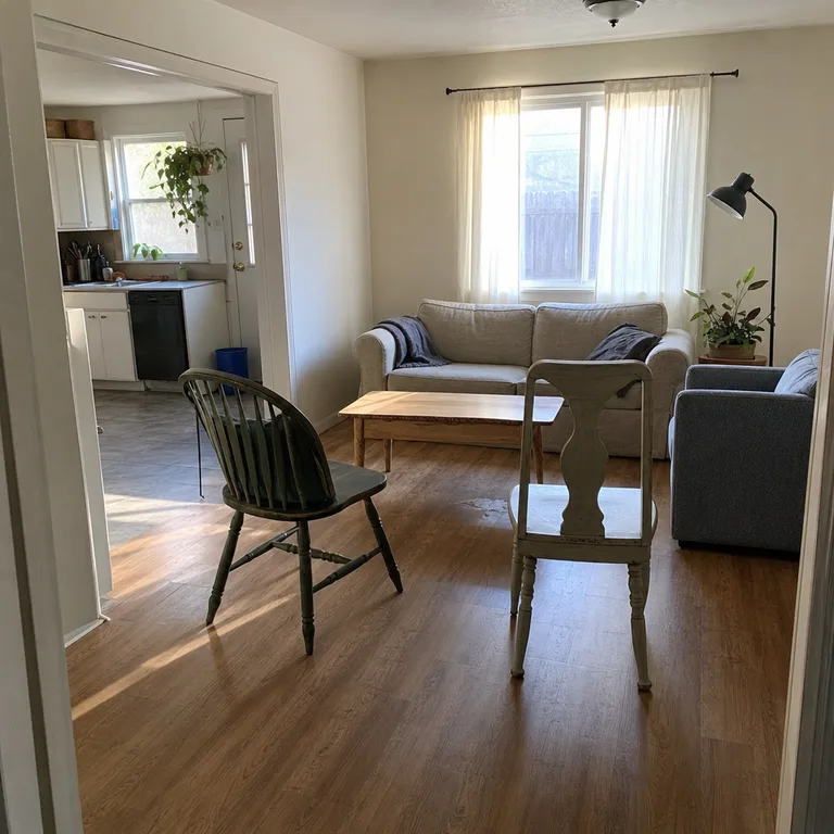 Dining chairs join a sofa and armchair in a conversation semicircle with a clear path through the small living room.