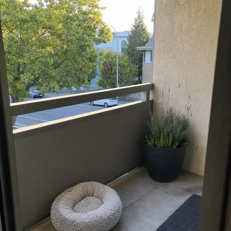 A washable pet bed in a shaded balcony corner creates a safe watching perch.