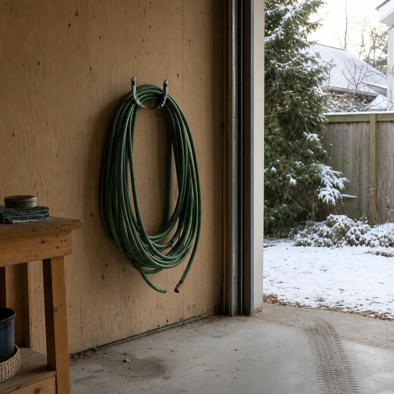 Drained garden hose hanging on garage wall hooks for winter storage.