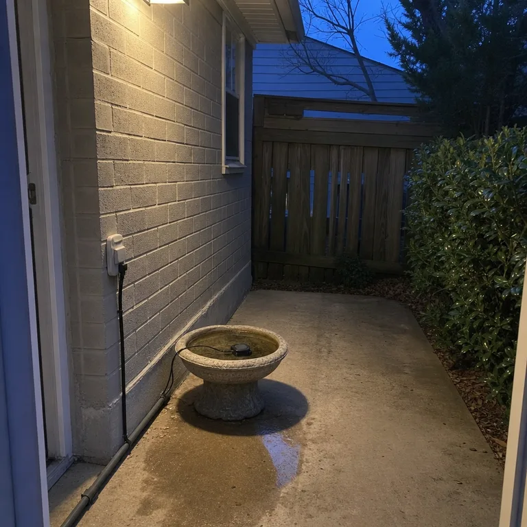 A purpose-rated deicer sits in a bird bath with its cord safely routed along a covered patio wall.