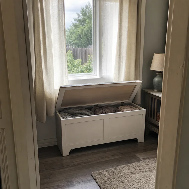 An open white storage bench below a window contains soft folded blankets.