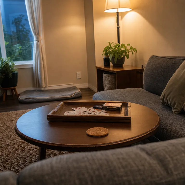 A raised-edge tray containing cards and game pieces on a small living-room coffee table.