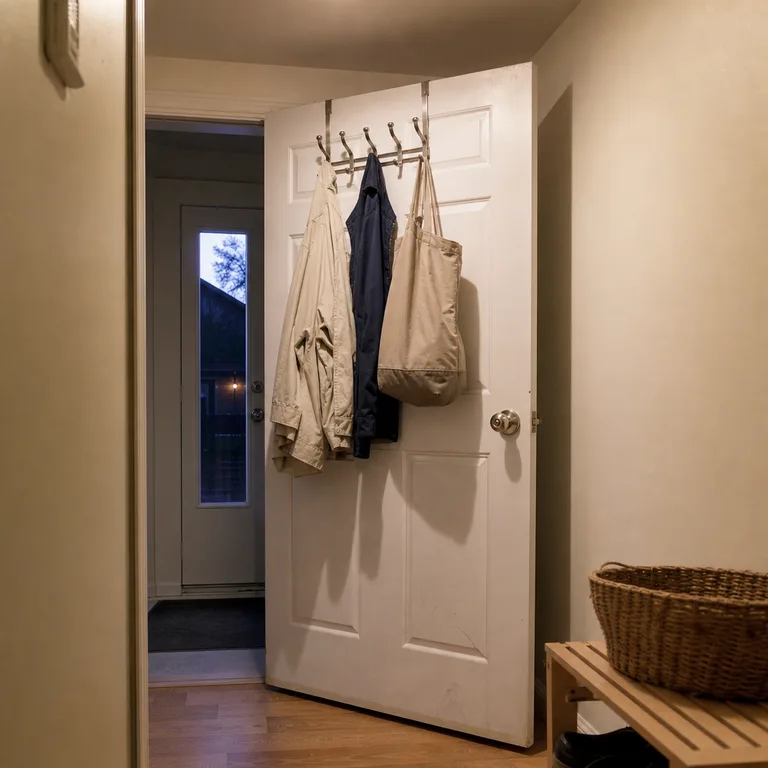 Over-the-door hook rack holds light jackets on the inside of a small entry door.