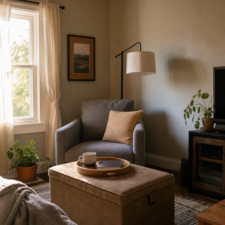 Reading chair beside a storage ottoman used as a side surface.