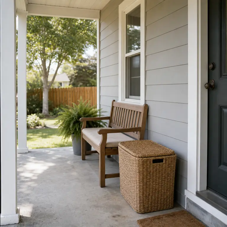 A covered storage basket sits neatly beside a small front door.