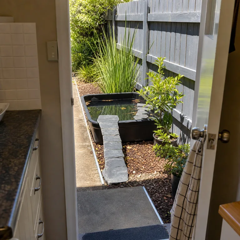 Small rigid pond container with planting shelves, slate ramp, and marginal plants in a narrow side yard.