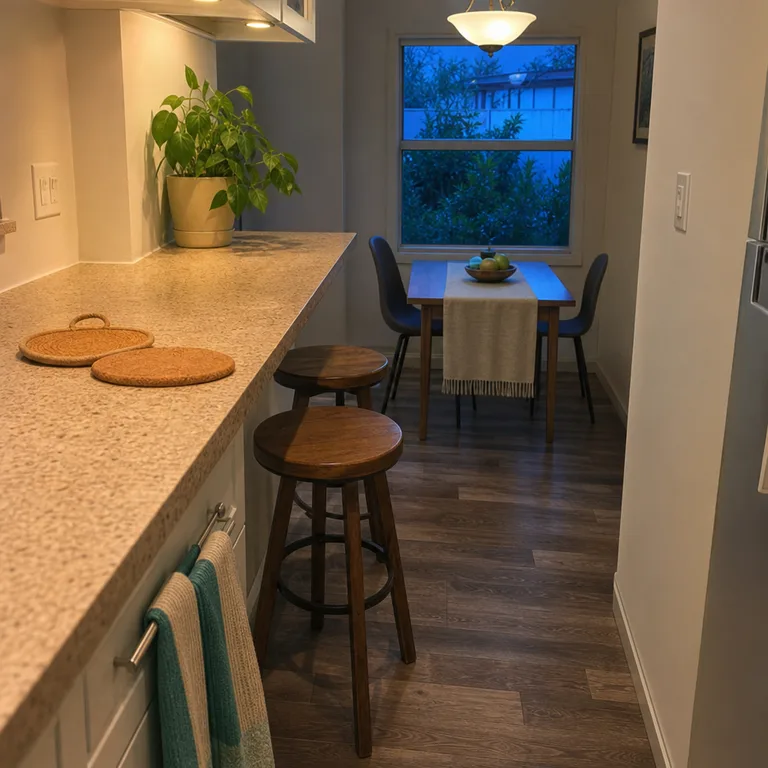 Teal and cream color-block towels pair with natural cork pot holders and a neutral runner in a compact kitchen.