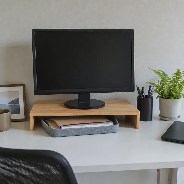 A bamboo monitor riser creates storage space for a notebook and tray beneath the screen.