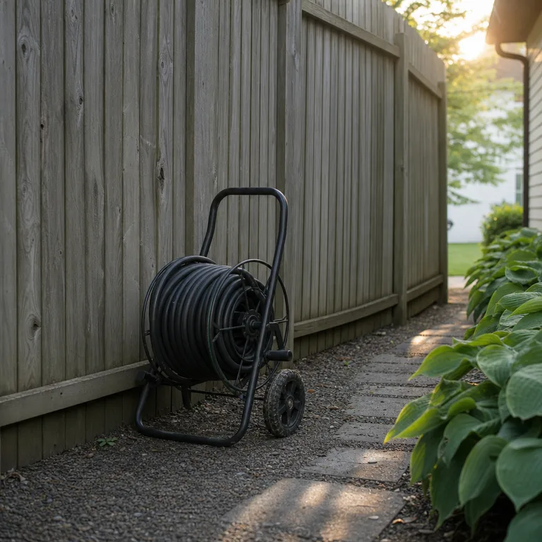 Wheeled hose cart stored against a timber fence beside a narrow garden path.