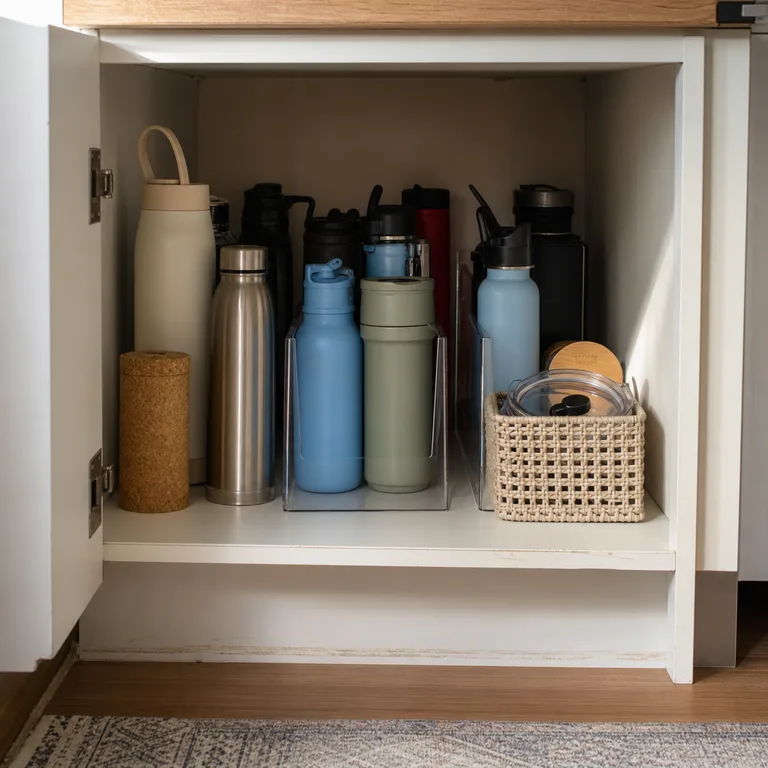 Dry reusable water bottles stand upright in divided cabinet lanes beside a separate bin for lids.