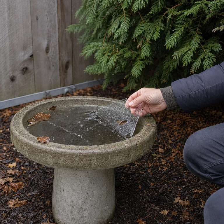 A loose sheet of ice is gently lifted from a concrete bird bath in a small garden.
