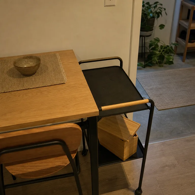 A slim lidded supply box sits on a small cart beside a kitchen table.