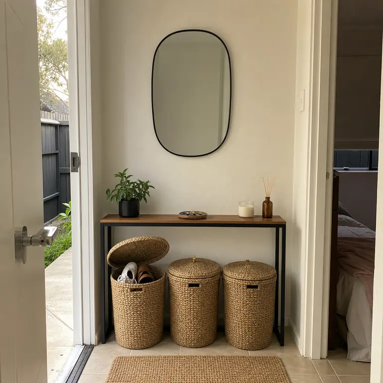 Lidded baskets storing shoes under a slim console table in a rental entry.