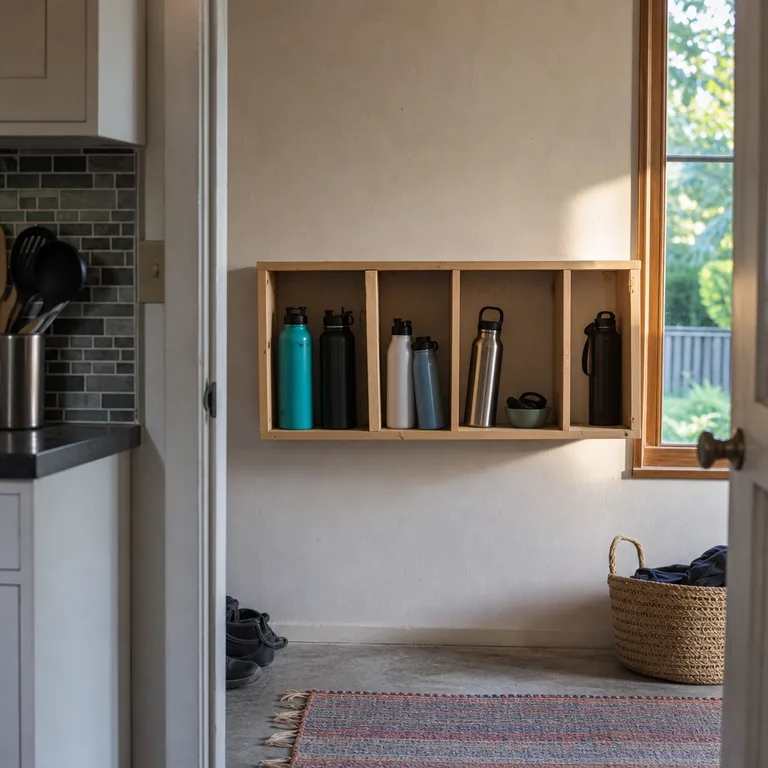 Individual cubbies hold reusable bottles with their matching lids stored in the same compartment.