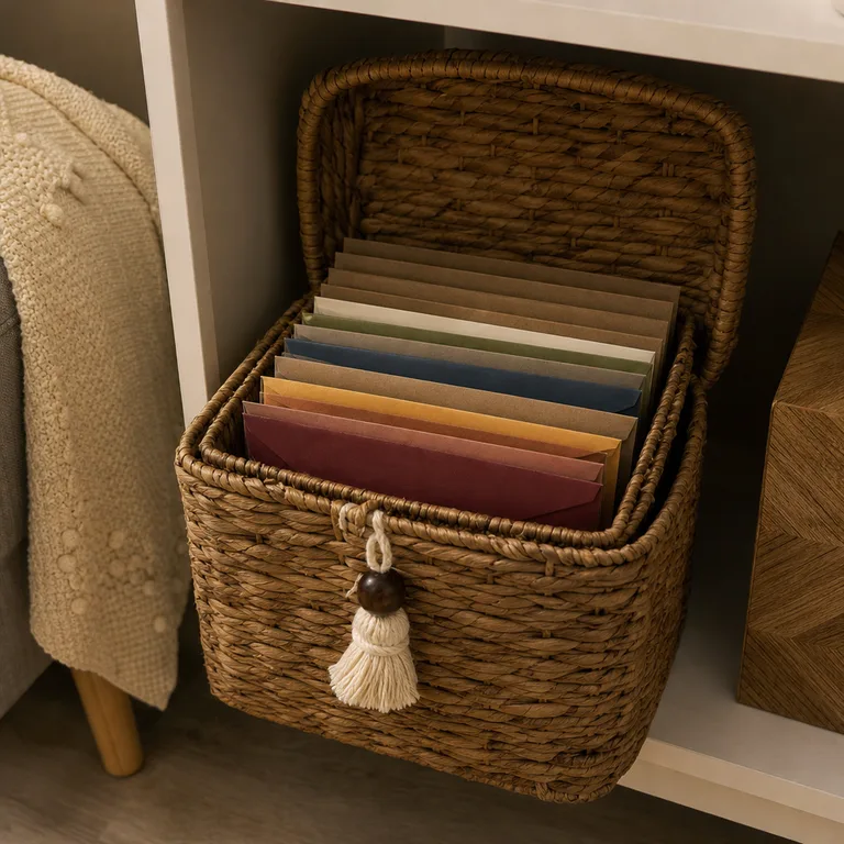 A lidded woven basket on a cabinet shelf holds a file of Advent envelopes.
