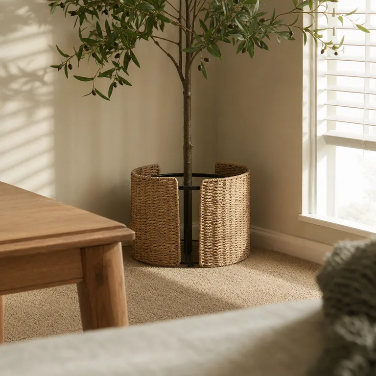Two seagrass collar sections placed around a black metal Christmas tree stand.