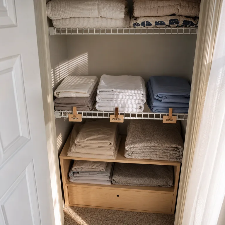 A closet shelf divided into labeled sections for different bed sizes.