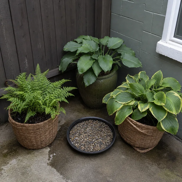 Leafy shade plants grouped in mismatched containers in a sheltered patio corner.