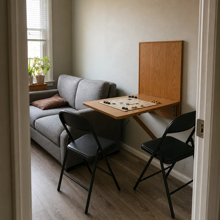 A fold-down wall table set up with a board game beside a small sofa in an apartment living room.