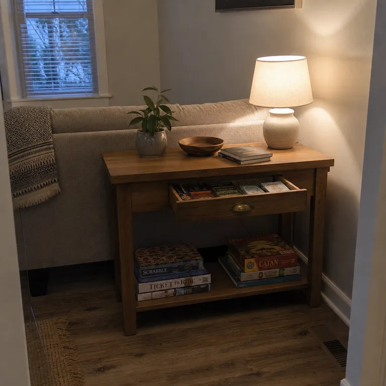 Console table drawer and lower shelf used to store slim board games.