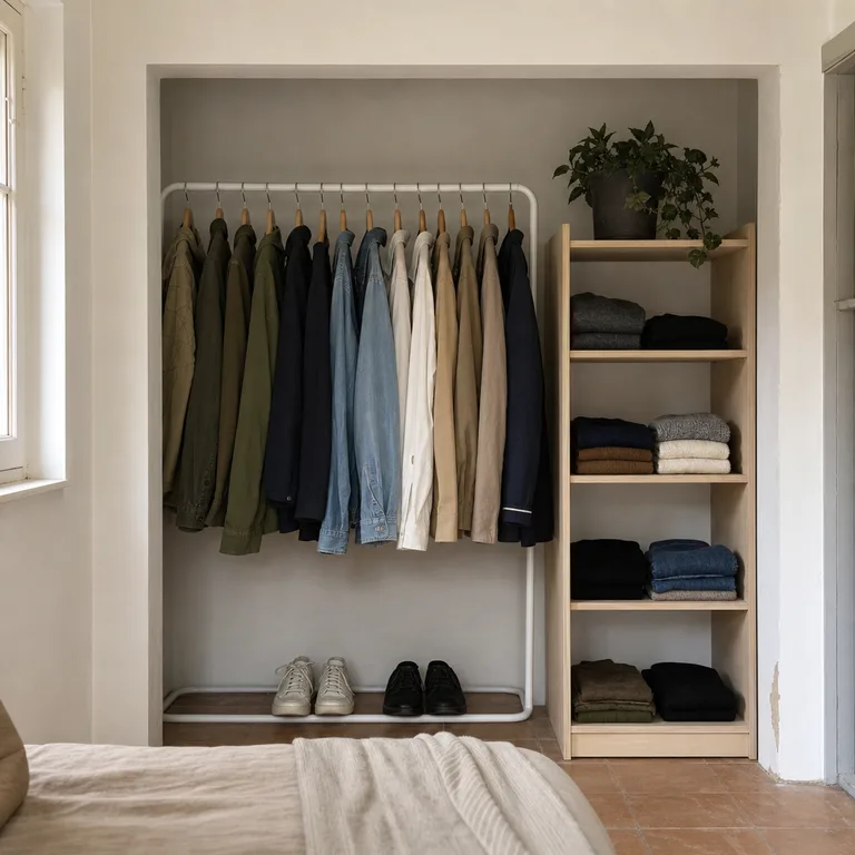 A shallow wall niche used as a clothing zone with a freestanding rail and compact birch shelving.