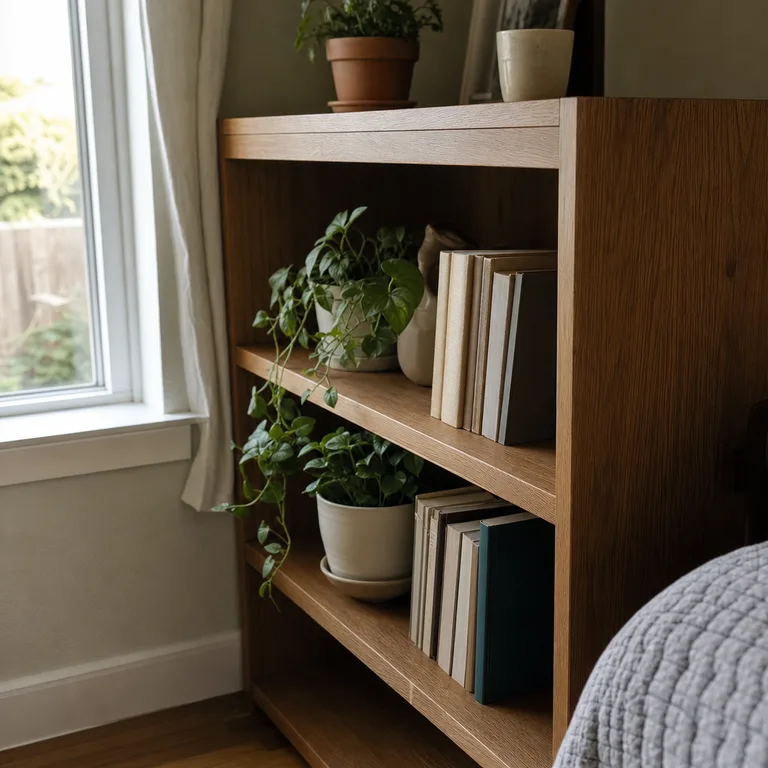 Small plants occupy the window-facing shelves of a living-room bookcase.