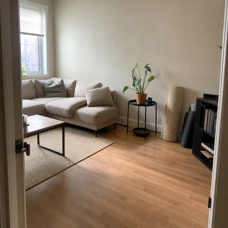 A small living room with a side table moved to the wall, leaving a clear mat-sized area in front of the sofa.