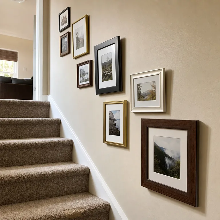 Mixed frames containing family photos rise diagonally alongside a carpeted staircase.