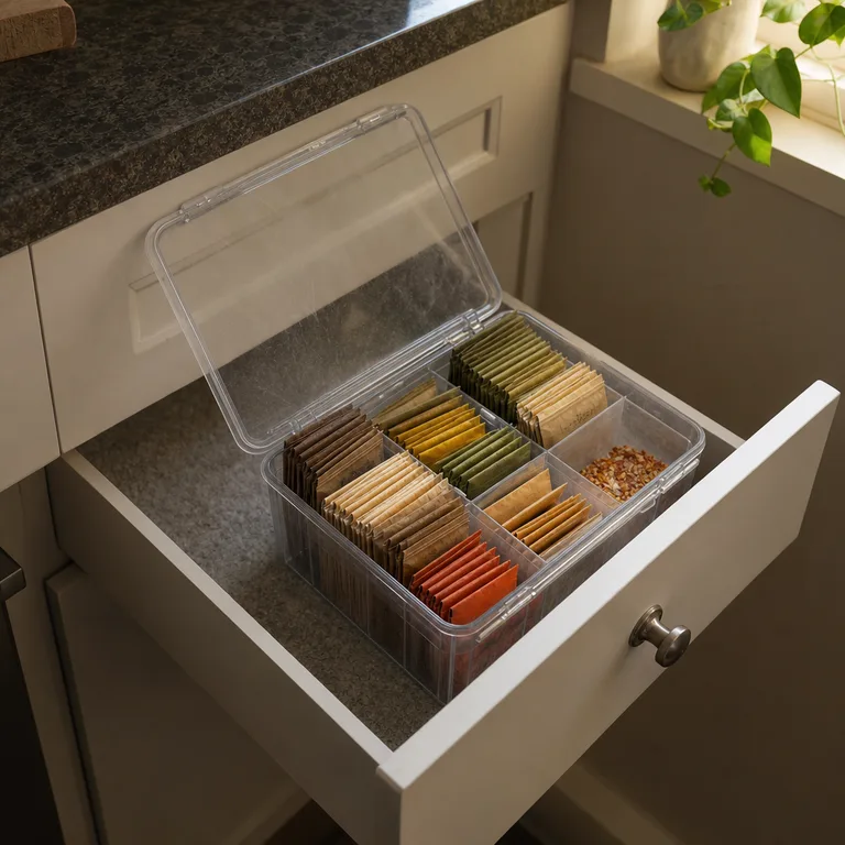 An open divided clear box organizing loose spice packets in a kitchen drawer.