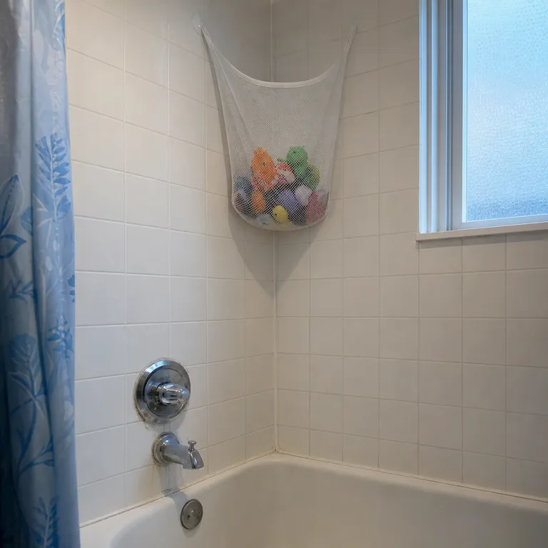 A mesh bath-toy holder hangs over a tiled bathtub so wet toys can drain separately from dry bathroom storage.