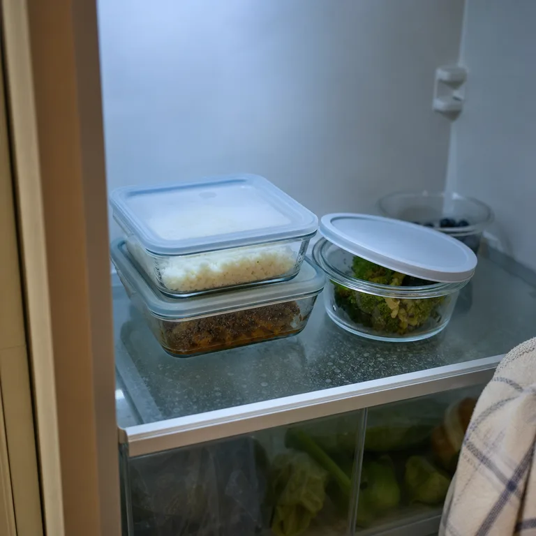 Covered leftover containers grouped together on a refrigerator shelf.