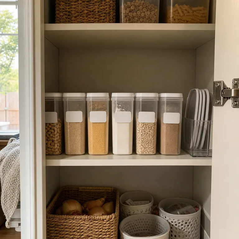 A dedicated pantry shelf for food containers with removable label tabs and a separate lid tray.
