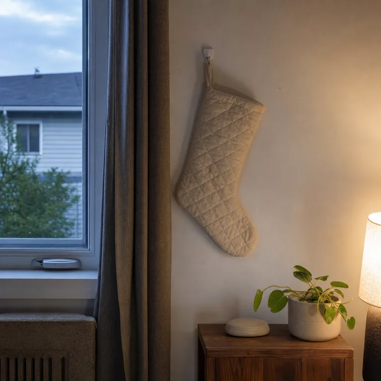 A single flat fabric stocking hung beside an apartment window, away from the curtain and radiator.