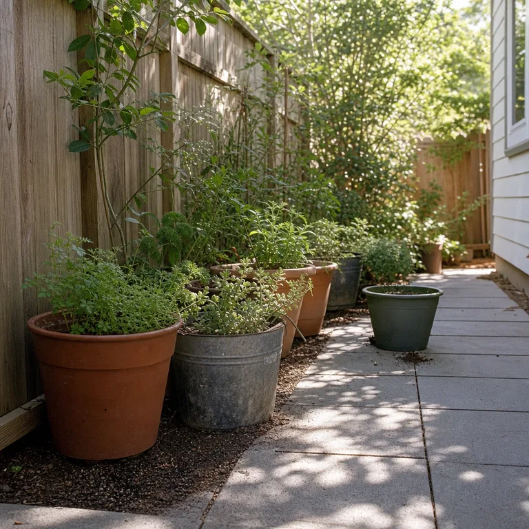 A relaxed grouping of mixed containers forms a planted border beside a patio fence.