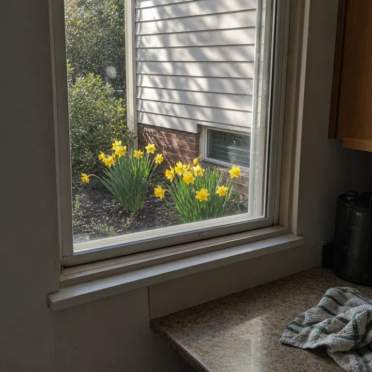 Several staggered daffodil clusters are visible through a kitchen window above a small foundation bed.