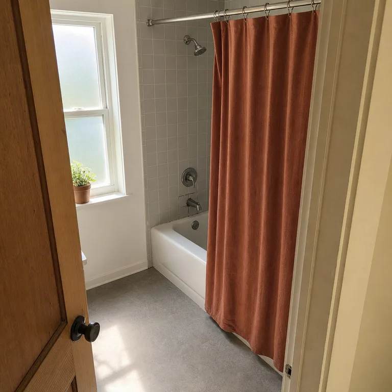 Muted rust shower curtain adding warmth to pale gray square bathroom tile.