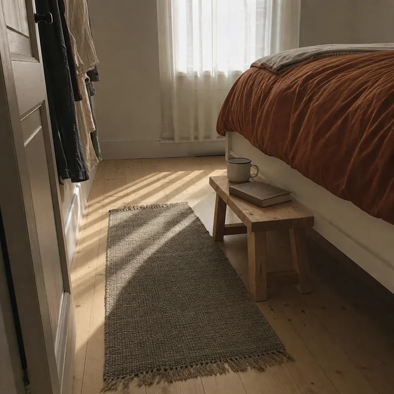 A small unfinished wood stool tucked under the bed can pull out as a minimal bedside surface.