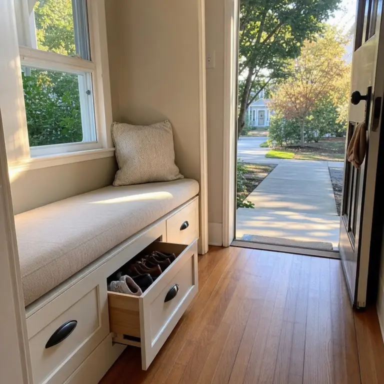 Entryway window seat with a drawer used for shoe storage.