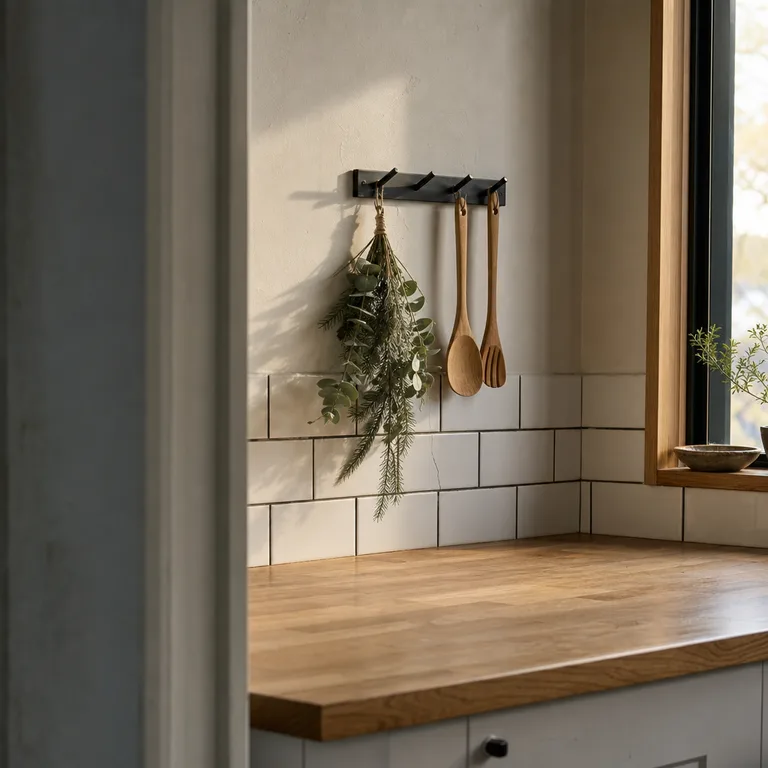 A small pine and eucalyptus bundle hangs from a kitchen peg rail beside wooden utensils.