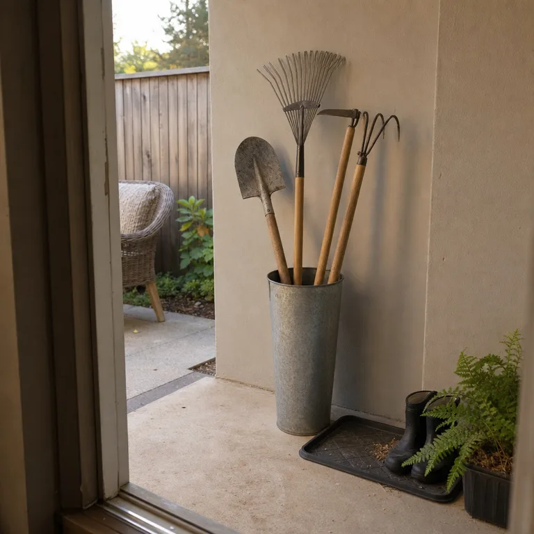 Long-handled garden tools stored upright in a galvanized stand on a covered patio.