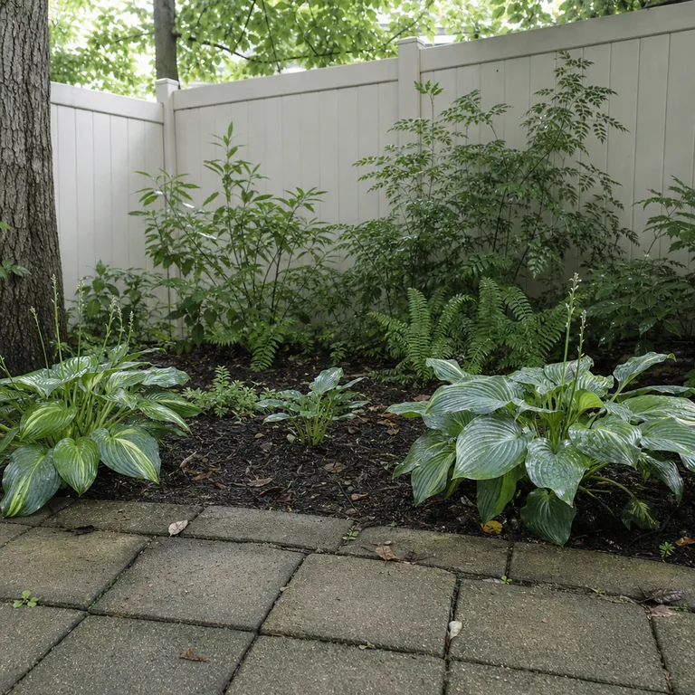 Layered leafy plants growing in a damp shaded bed beside a patio.