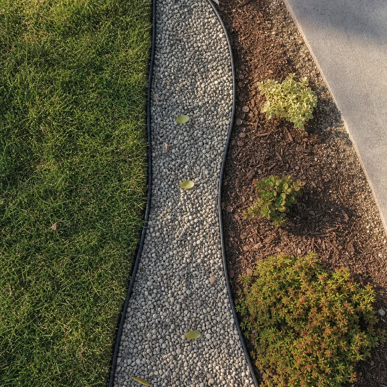A narrow pea gravel trench separating lawn from a drought-tolerant flower bed.