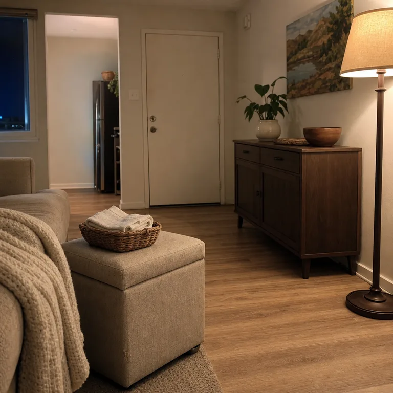 A closed storage ottoman beside the sofa holds bags and hosting supplies while keeping the entry and serving surfaces clear.