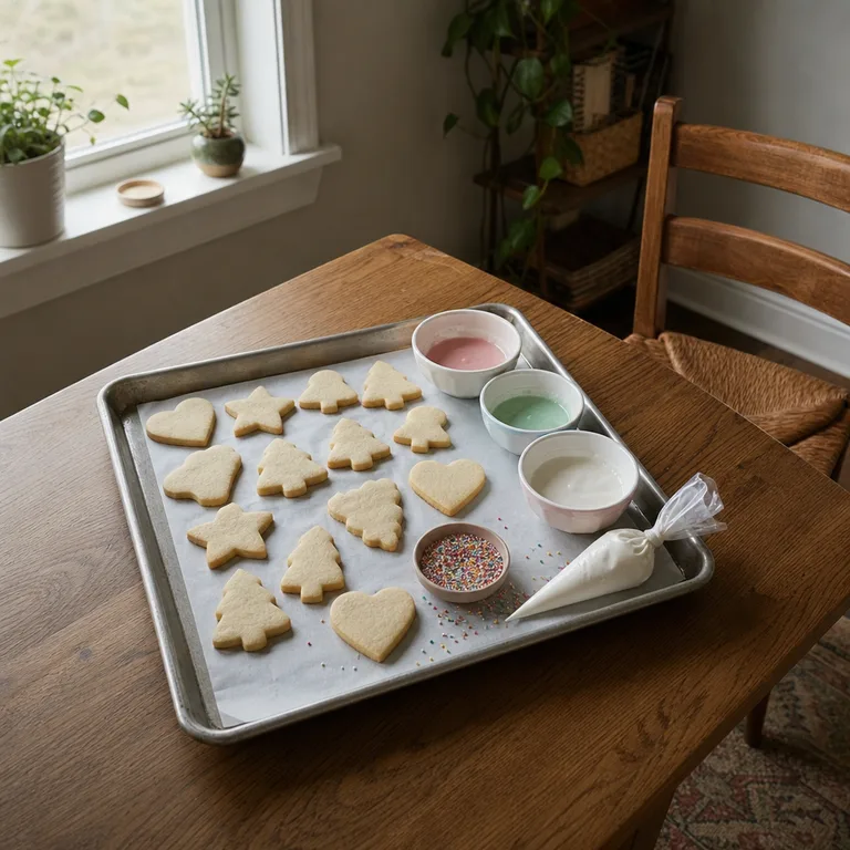 A rimmed tray on a dining table contains cooled cookies, icing bowls, and decorating tools.