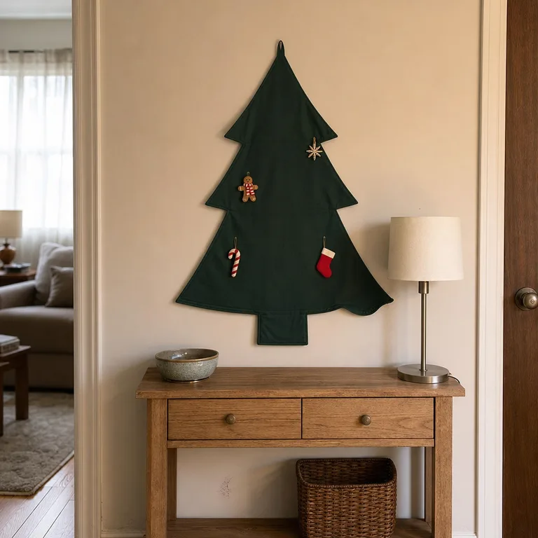 Fabric Christmas tree hanging displayed above a narrow wood console in a small living room.