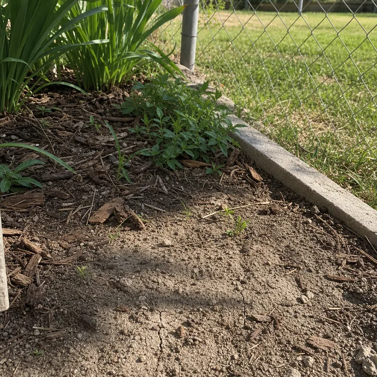 A small patch of bare, well-drained soil beside a mulched garden bed.