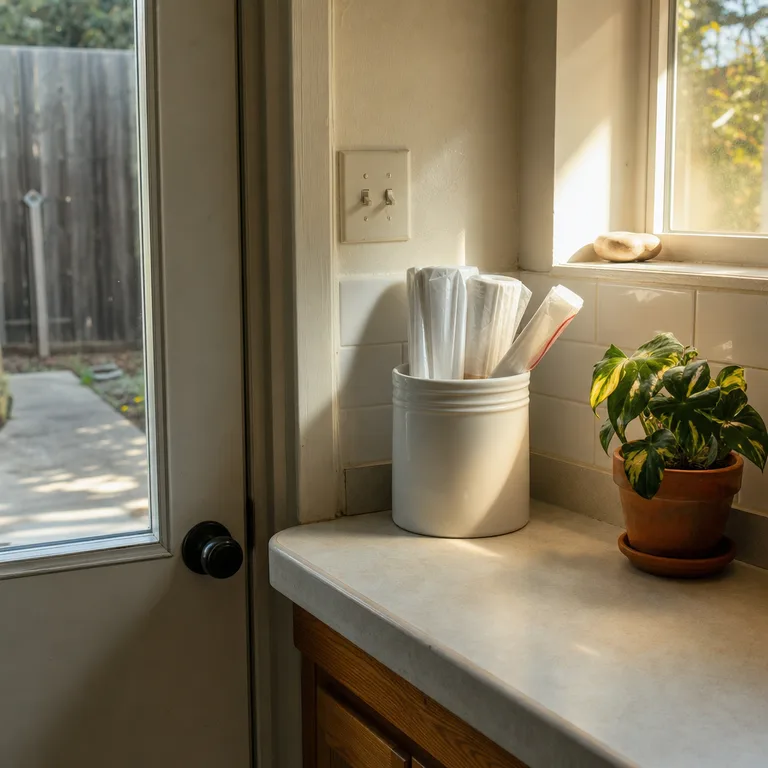 A ceramic utensil crock on a kitchen counter holds rolled reusable grocery bags.