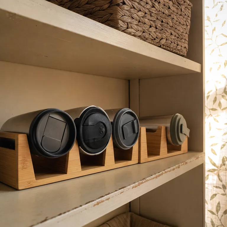Travel cups rest sideways in a bamboo rack with their lids collected in a basket beside them.